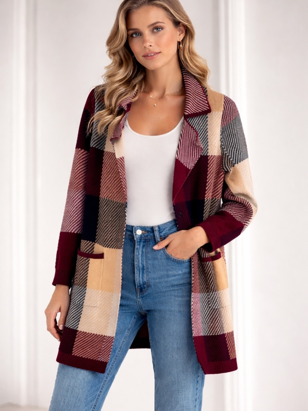 LuLaRoe Laura Burgundy, Cream & Black Plaid Open Cardigan Small